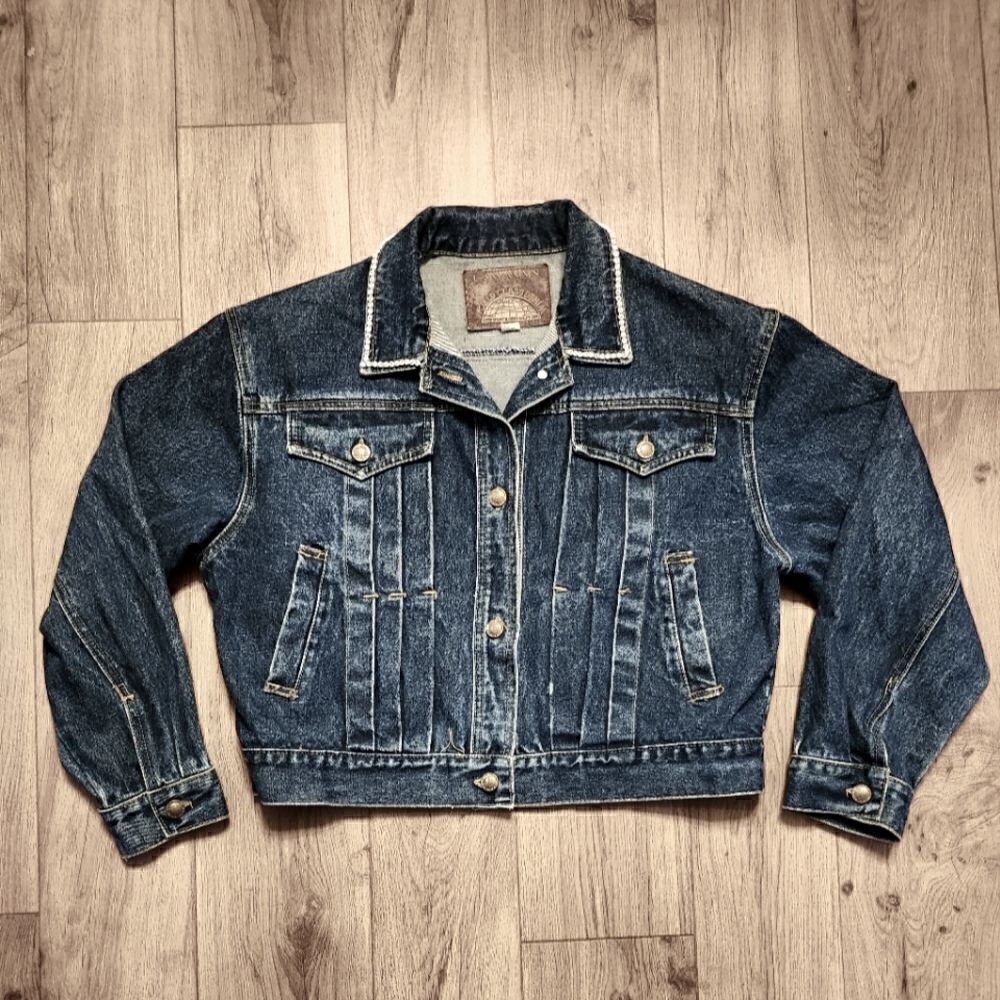 Vintage 90's Lawman Rhinestones Cropped Denim Jean Jacket Size M